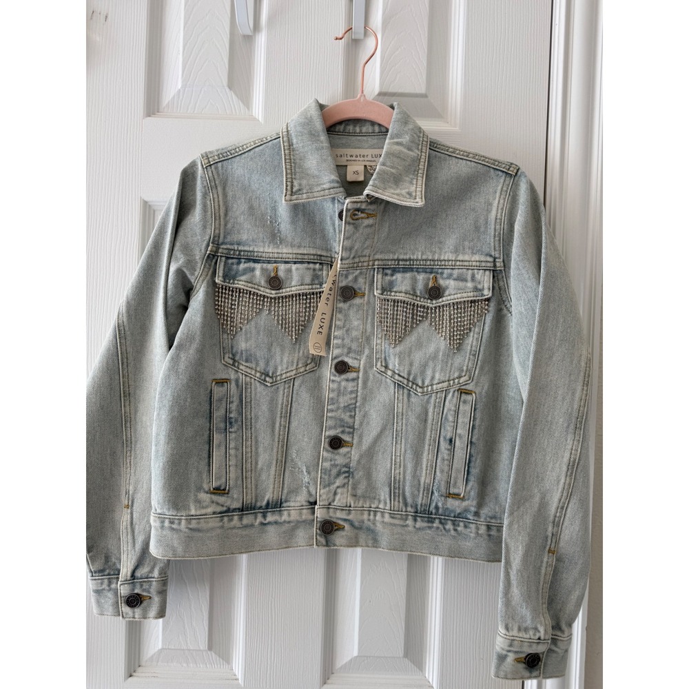 Saltwater Luxe XS Oversized Rhinestone Fringe Denim Jacket Western Festival NWT - Picture 2 of 8